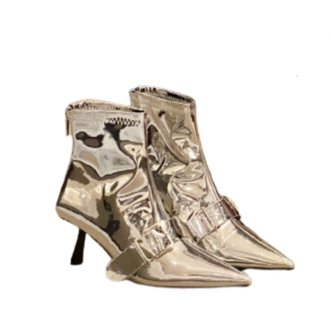 Pre Order: Zipper Belt Buckle Pointed Patent Short Boots