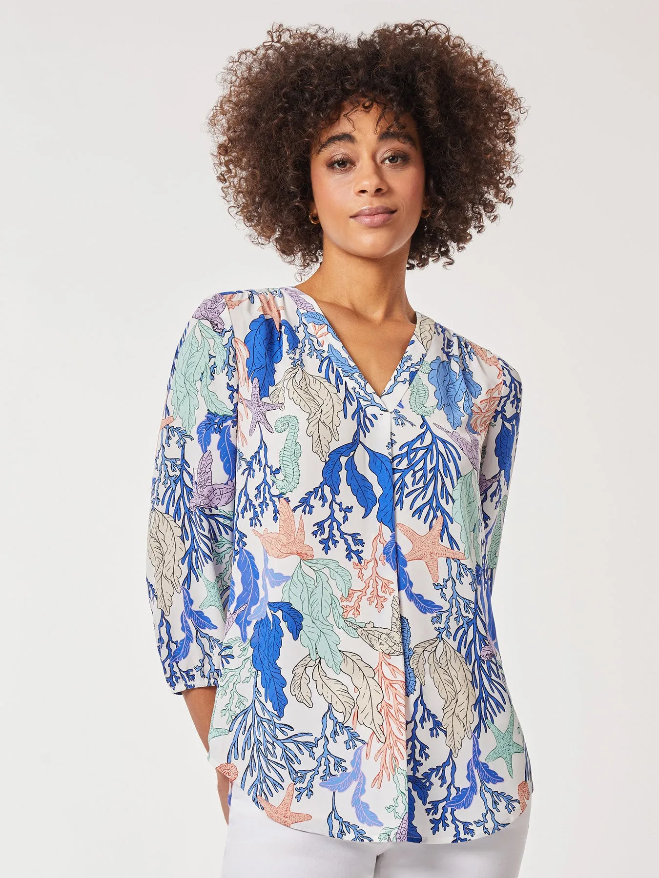 Printed V-Neck Pleated Kelly Blouse