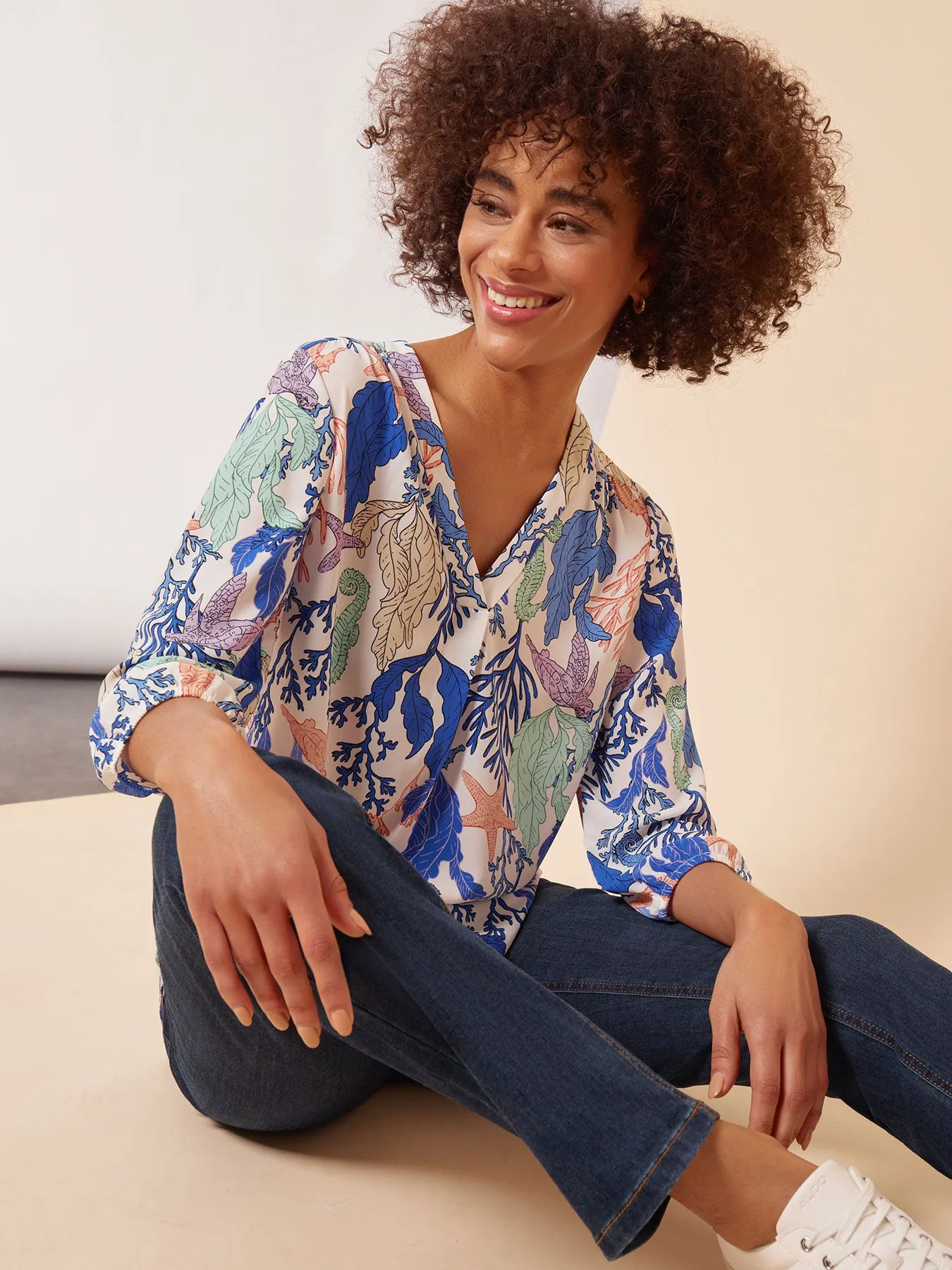 Printed V-Neck Pleated Kelly Blouse