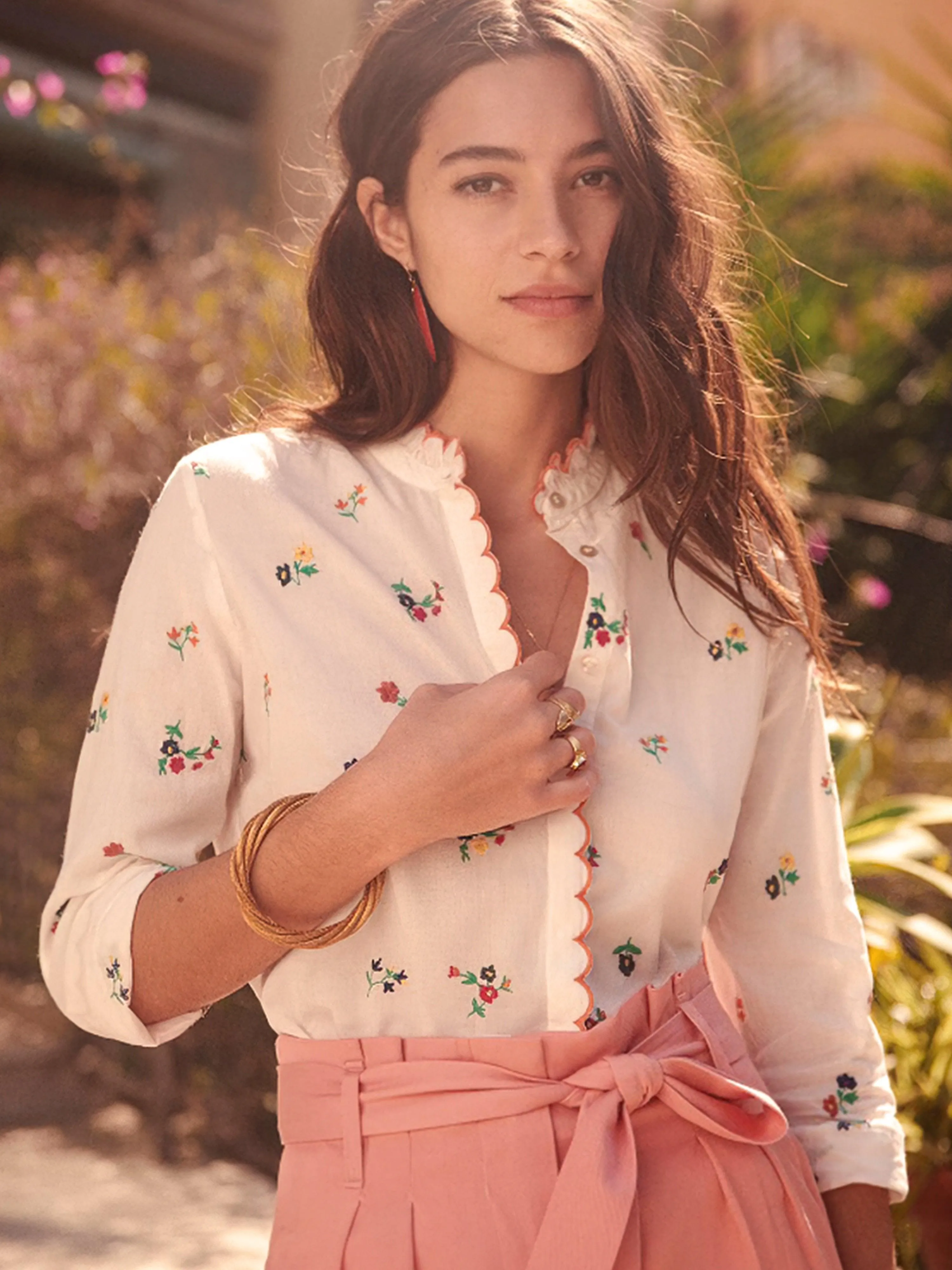 Retro Floral Embroidery Cotton Round Collar Full lantern Sleeve Shirt