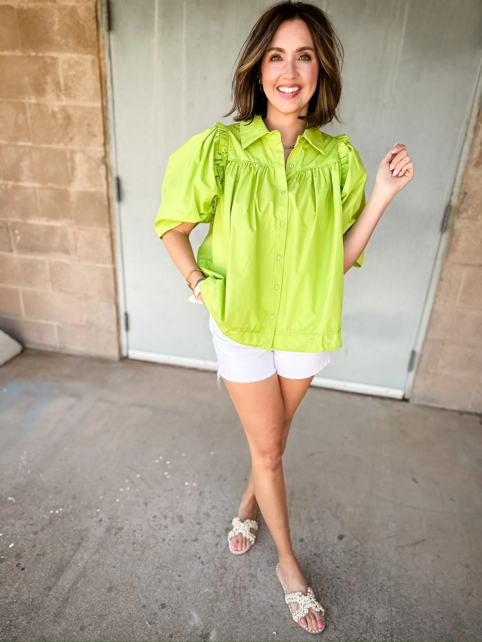 Ruffle Puff Sleeve Button Front Shirt | Kiwi