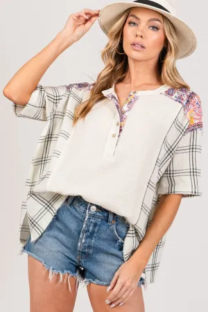 SAGE   FIG Plaid Half Button Gauze Top