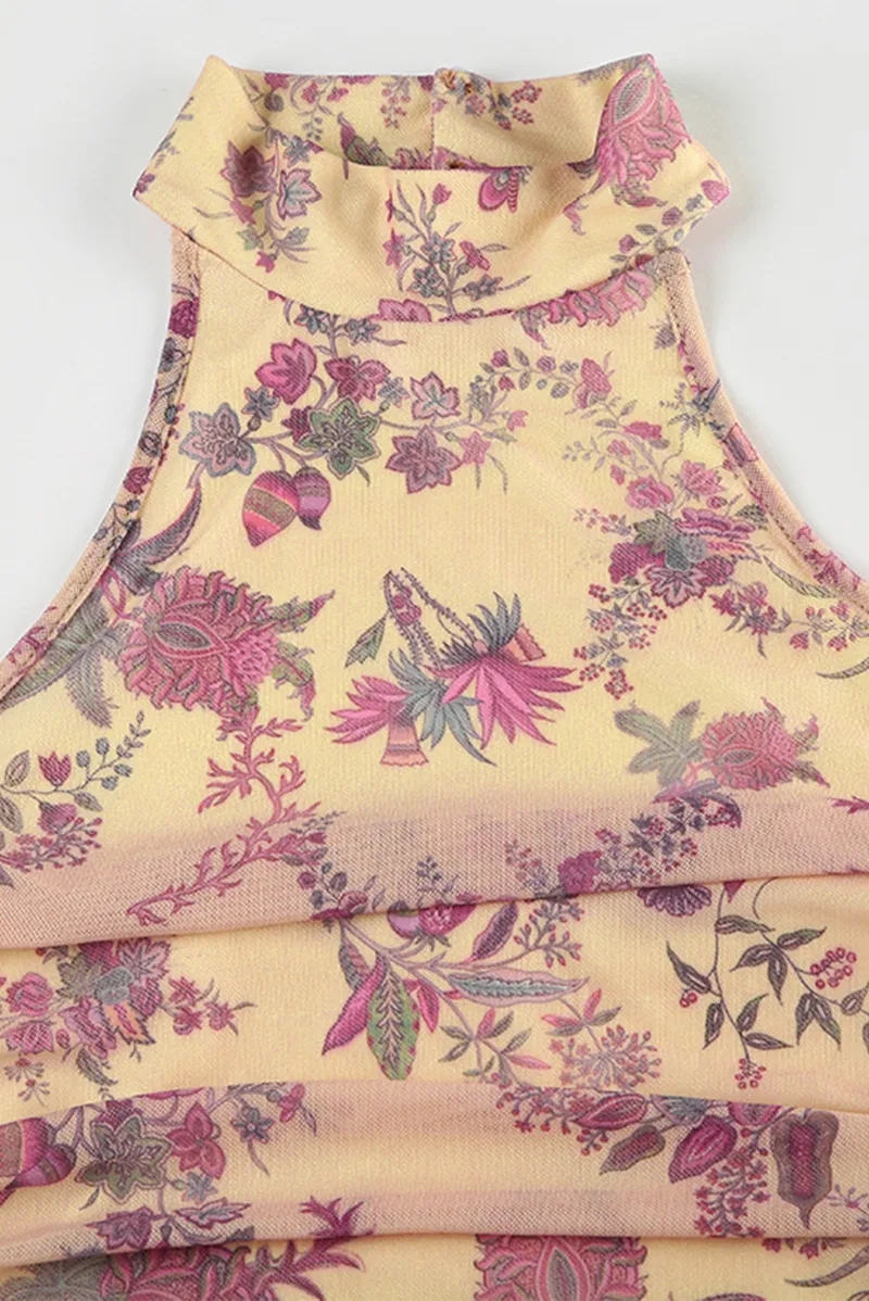 Sexy Floral Print Backless Halter Tops