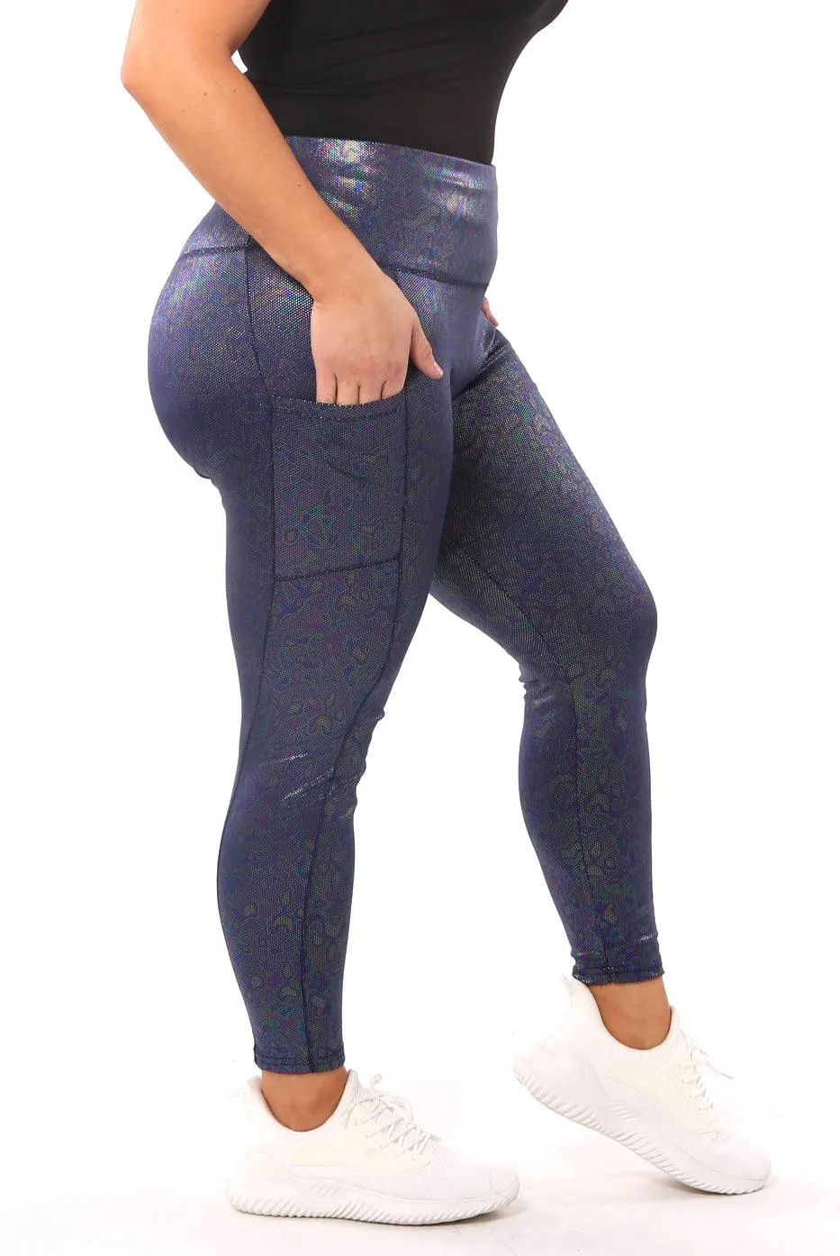 Shiny Heat Seal Print High Waist Tummy Control Sports Leggings With Pockets - Blue