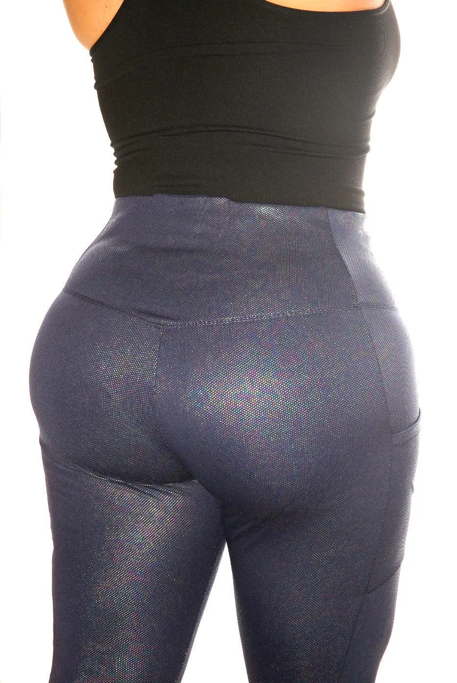 Shiny Heat Seal Print High Waist Tummy Control Sports Leggings With Pockets - Blue