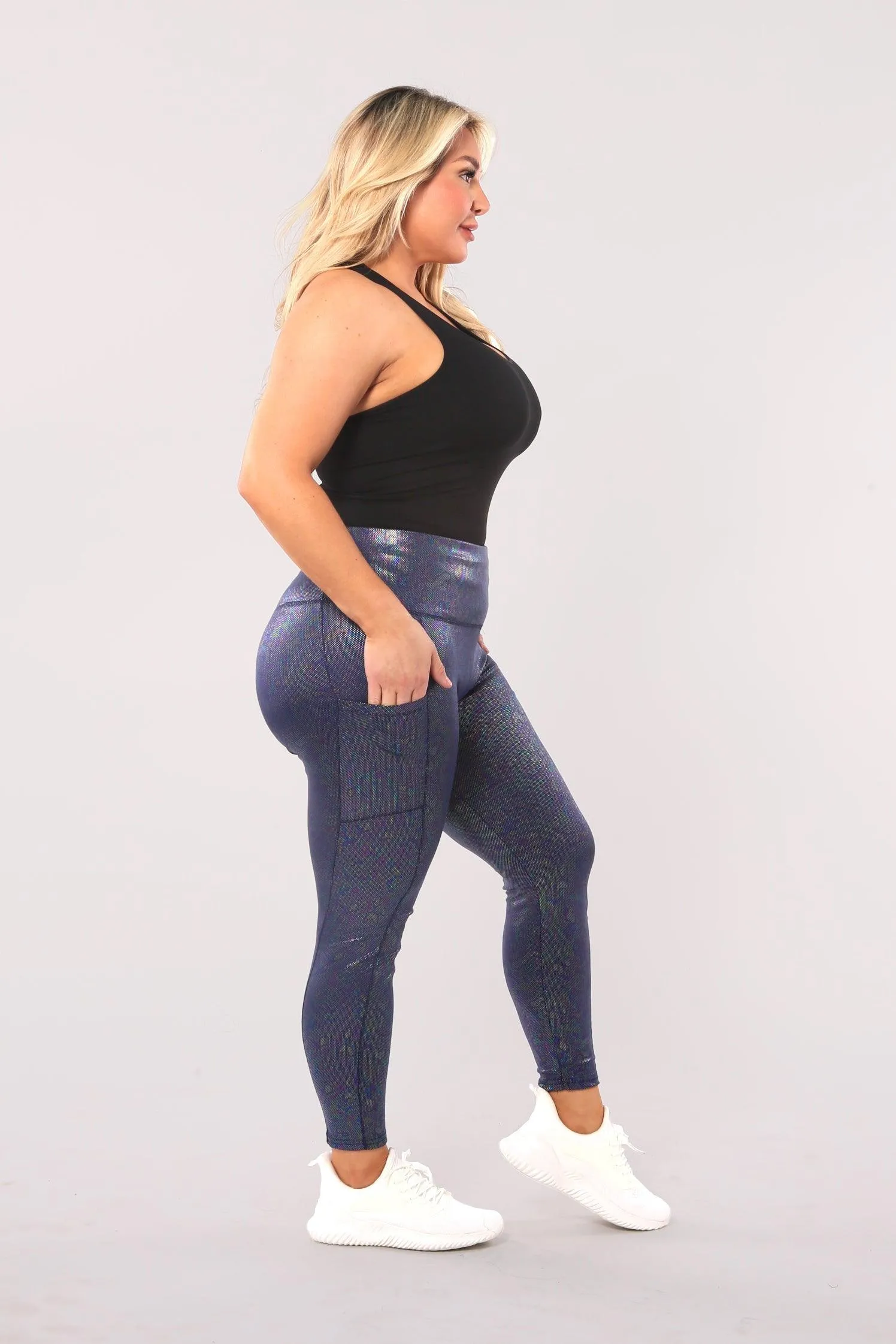 Shiny Heat Seal Print High Waist Tummy Control Sports Leggings With Pockets - Blue