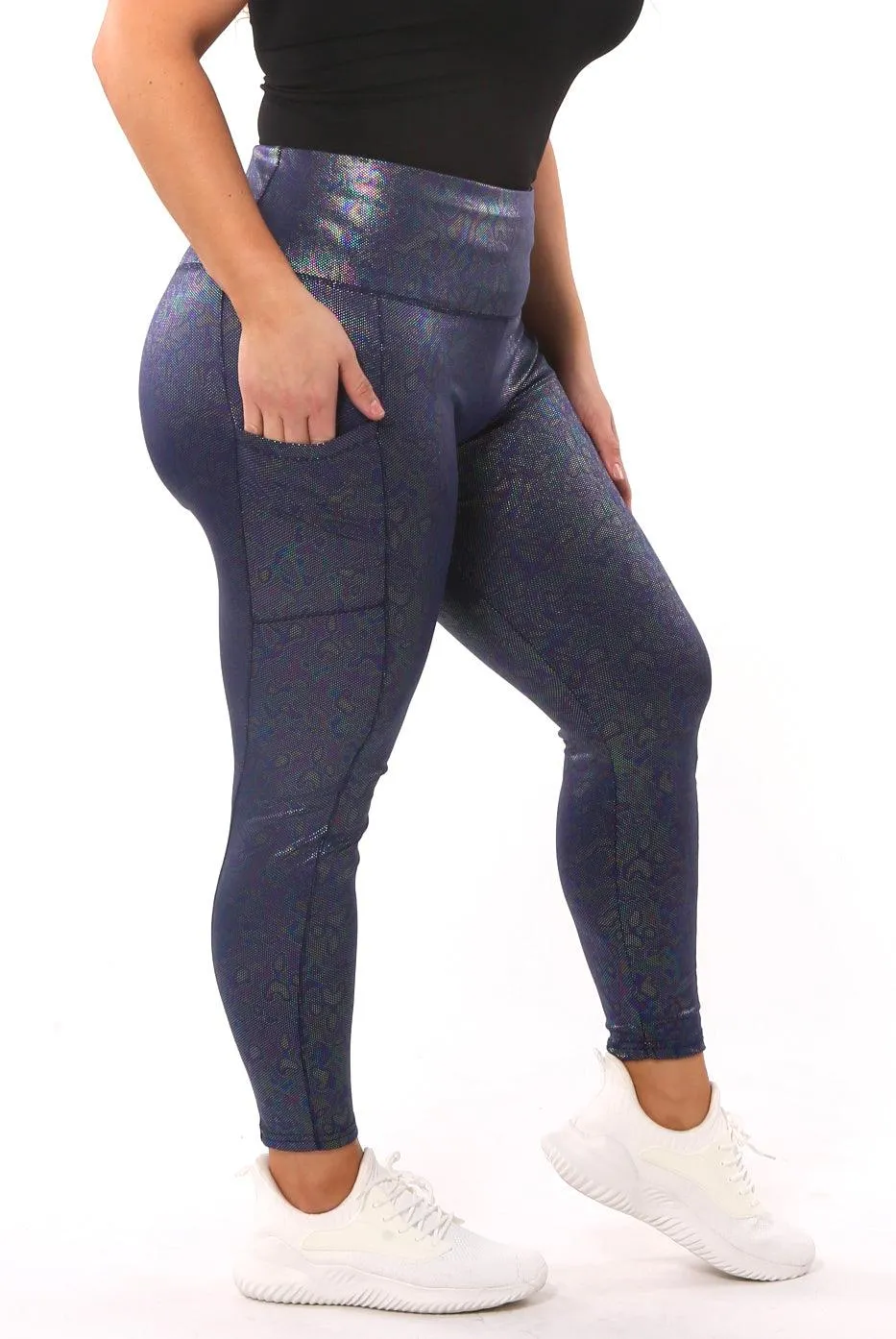 Shiny Heat Seal Print High Waist Tummy Control Sports Leggings With Pockets - Blue