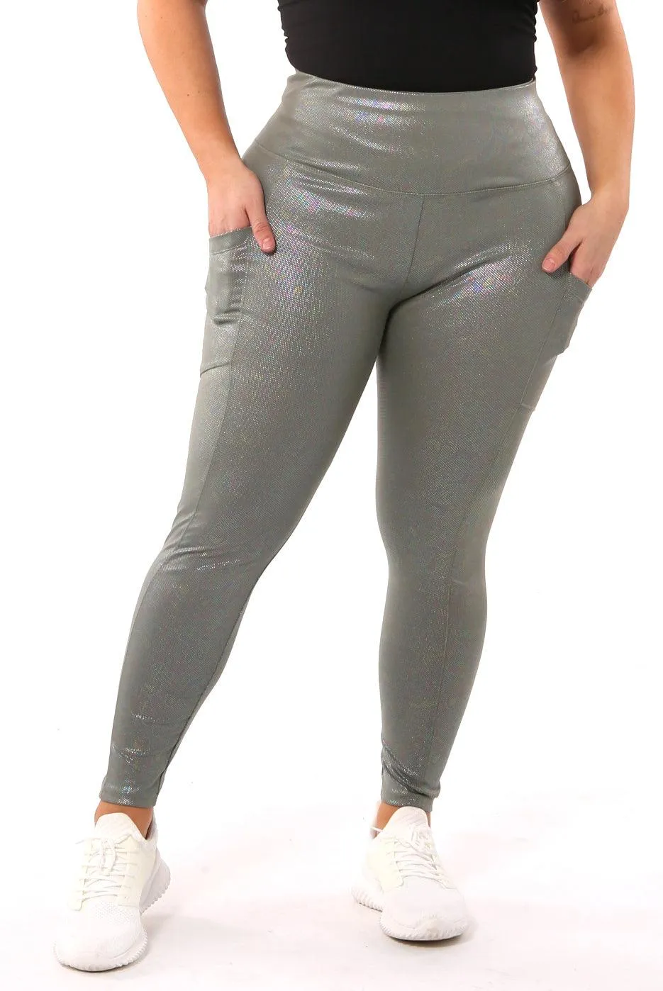 Shiny Heat Seal Print High Waist Tummy Control Sports Leggings With Pockets - Sage