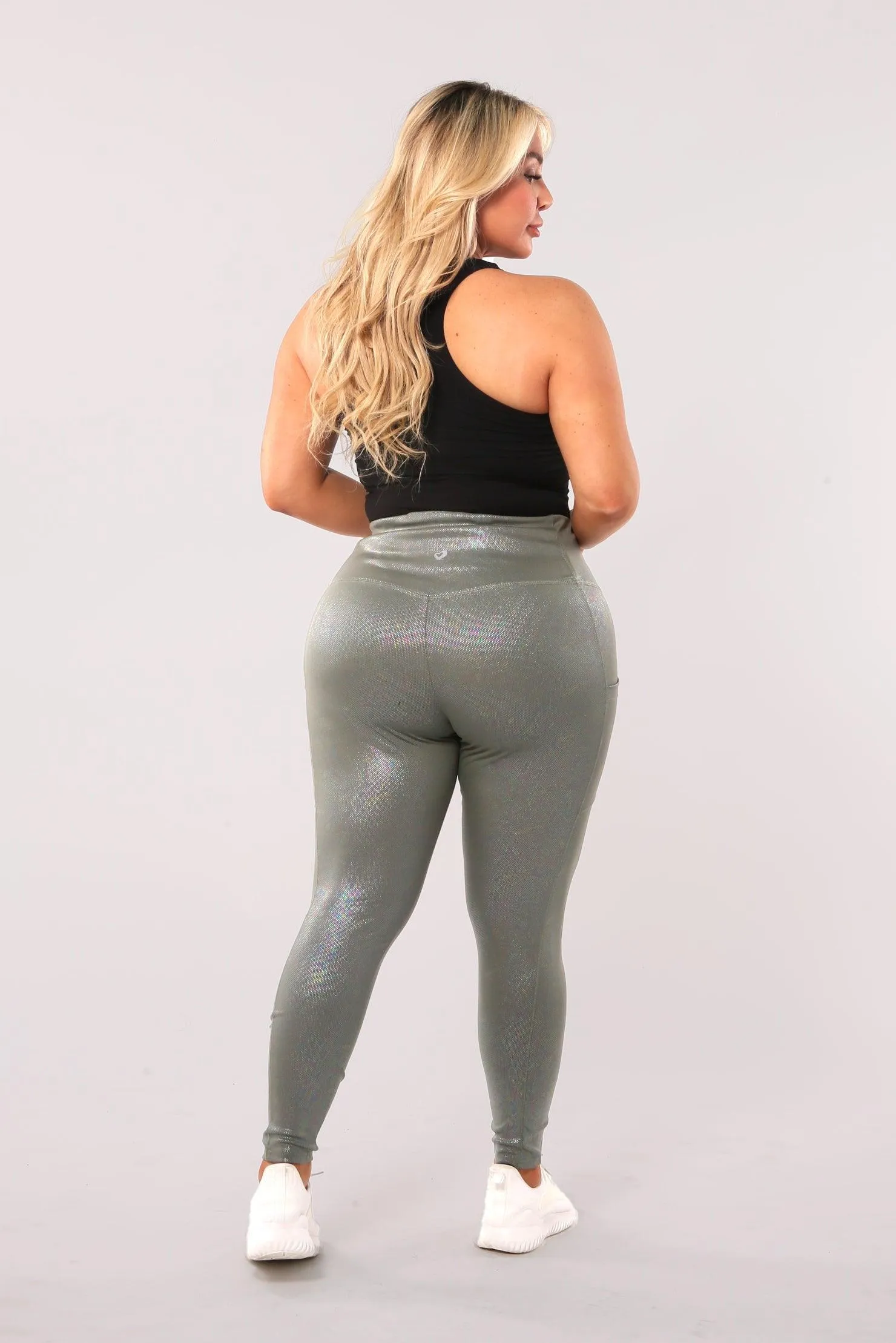 Shiny Heat Seal Print High Waist Tummy Control Sports Leggings With Pockets - Sage