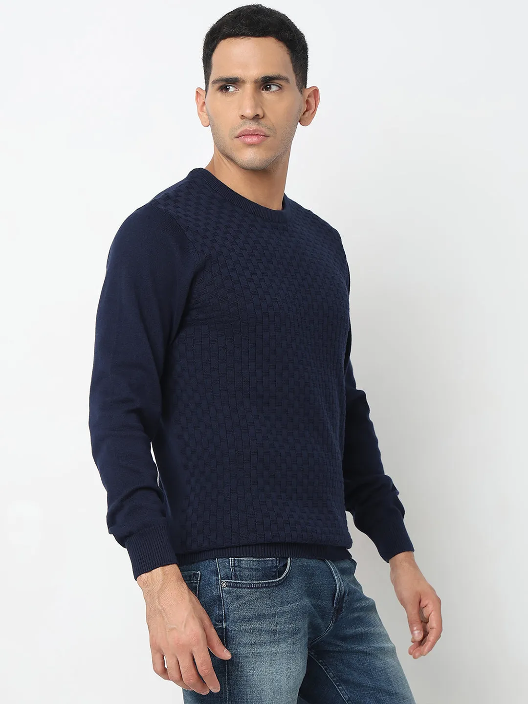 Spykar Cable Knit Round Neck Long Sleeves Cotton Pullover Sweater