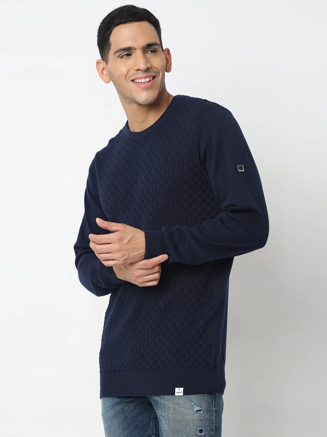 Spykar Cable Knit Round Neck Long Sleeves Cotton Pullover Sweater