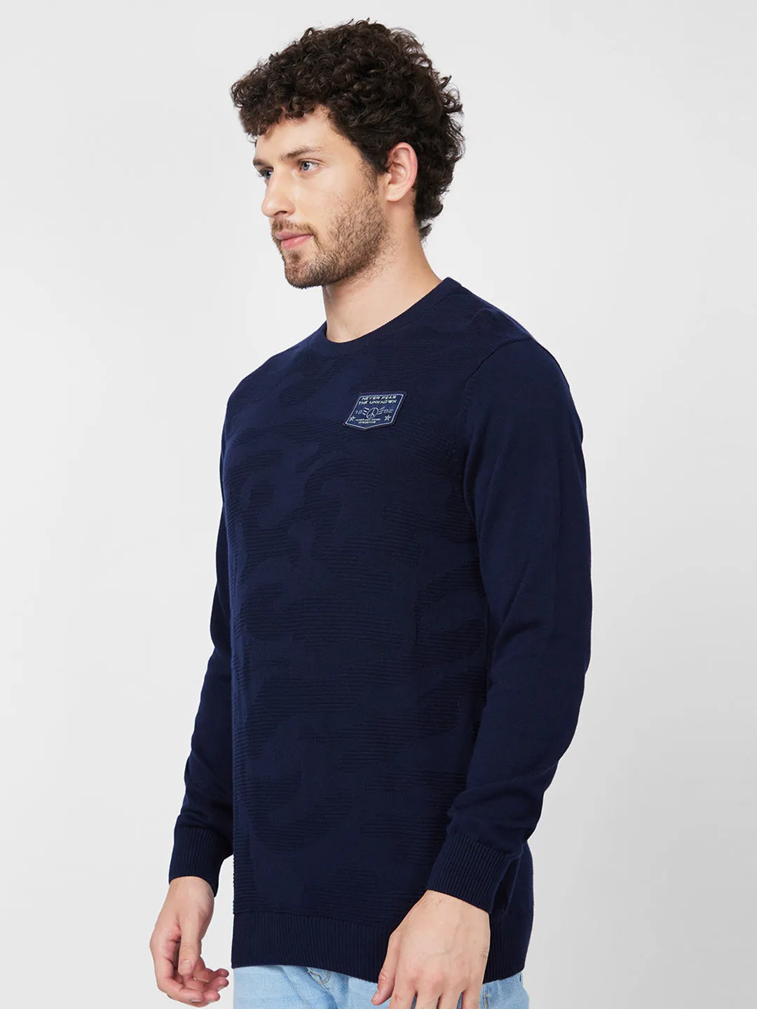 Spykar Full Sleeve Round Neck Blue Cotton Sweater For Men