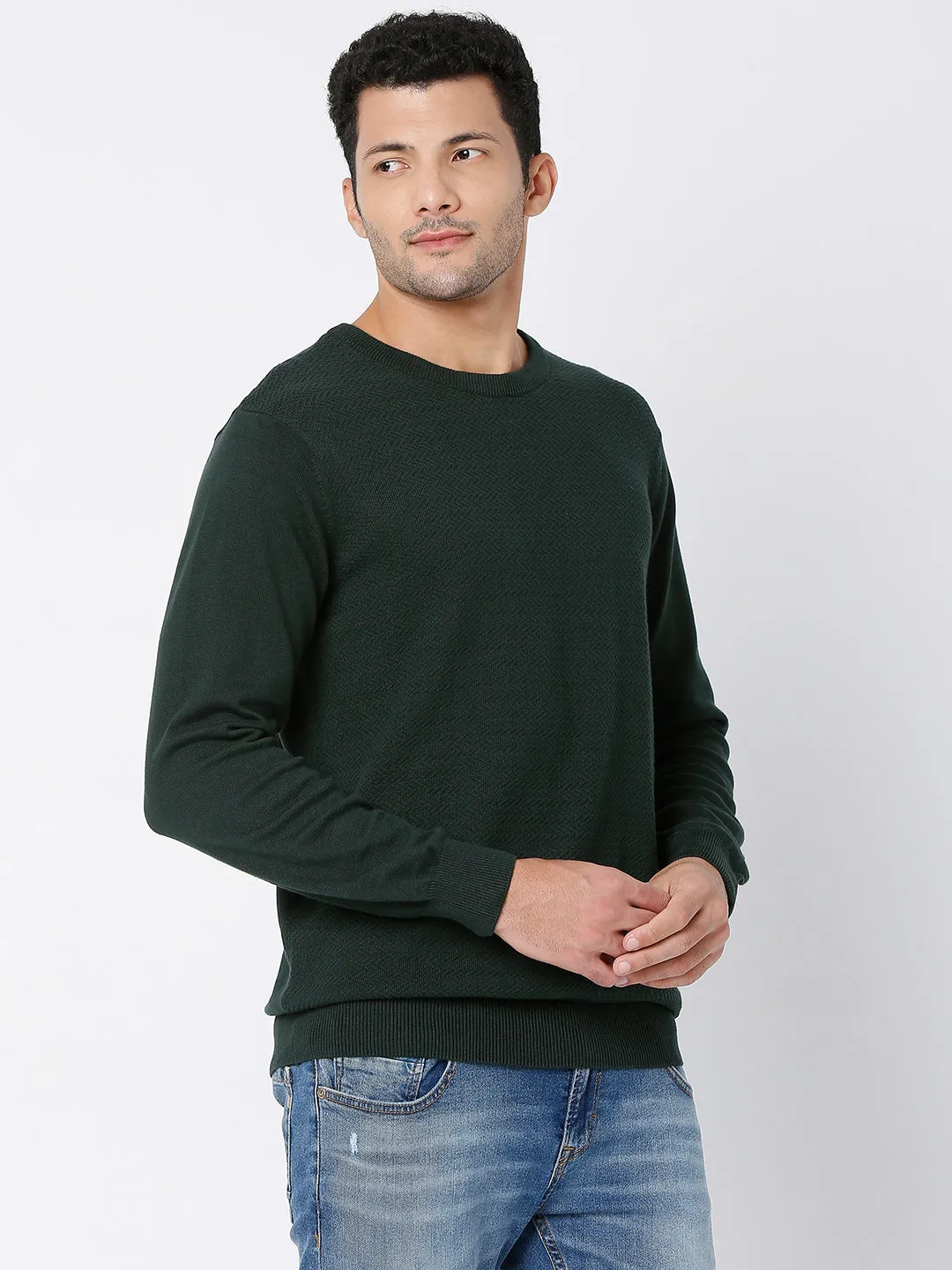 Spykar Men Bottle Green Cotton Full Sleeve Casual Sweater