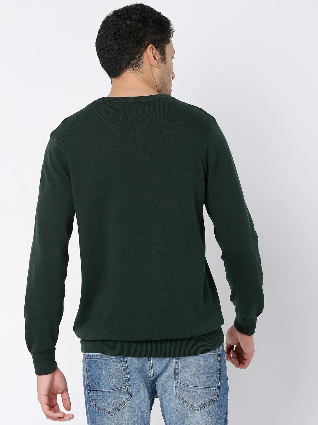 Spykar Men Bottle Green Cotton Full Sleeve Casual Sweater