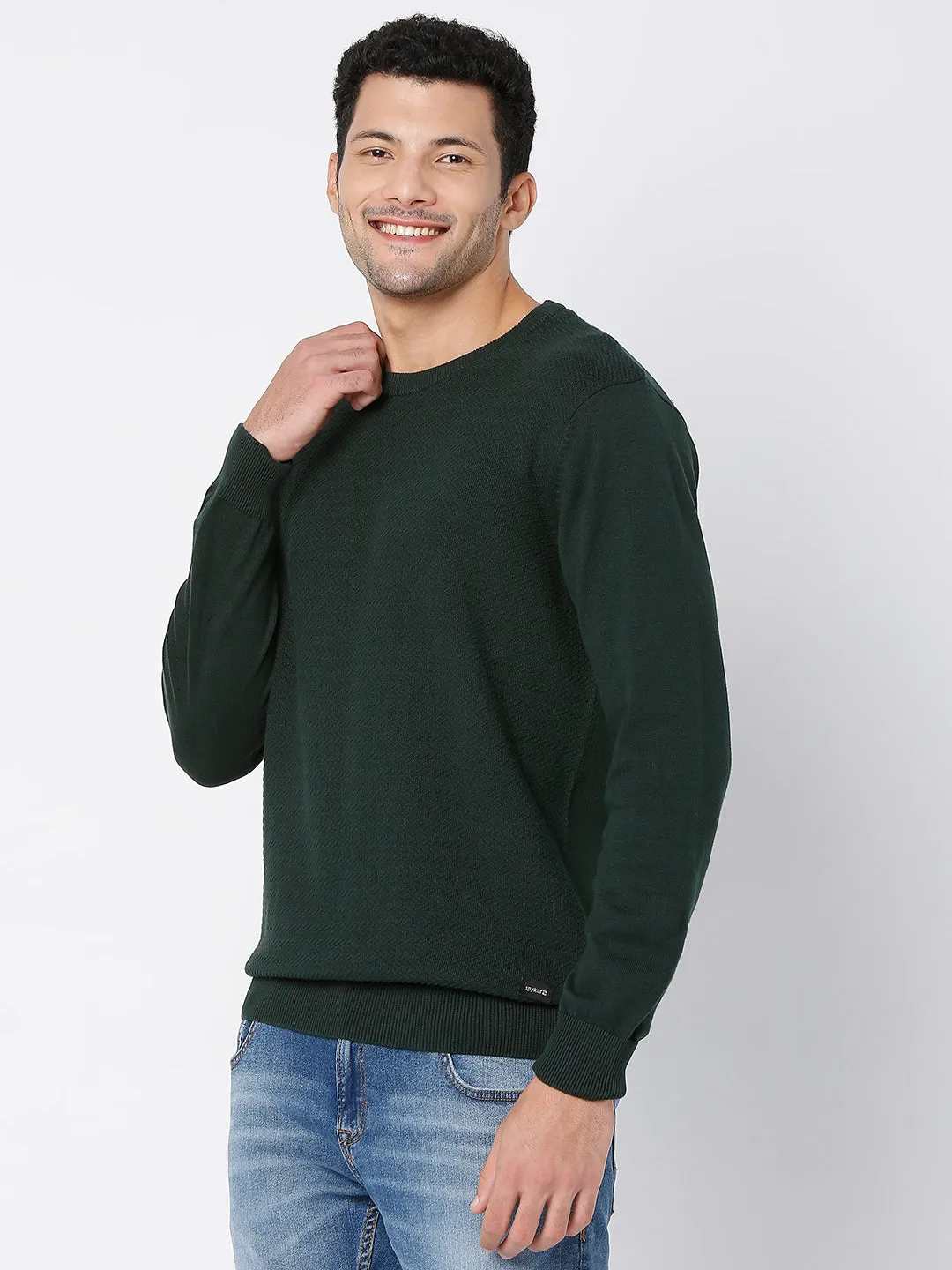 Spykar Men Bottle Green Cotton Full Sleeve Casual Sweater