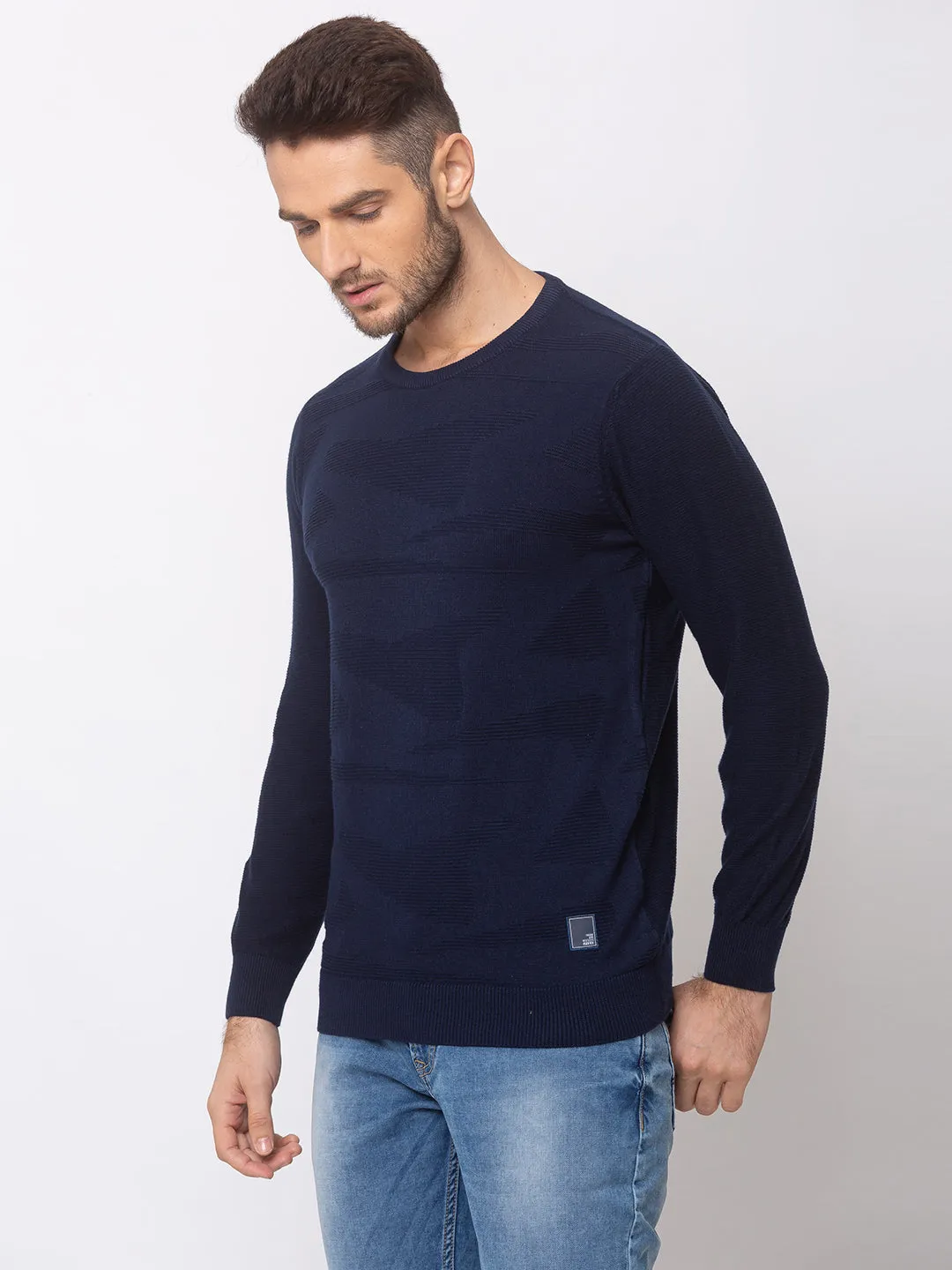 Spykar Men Navy Blue Cotton Regular Fit Sweater