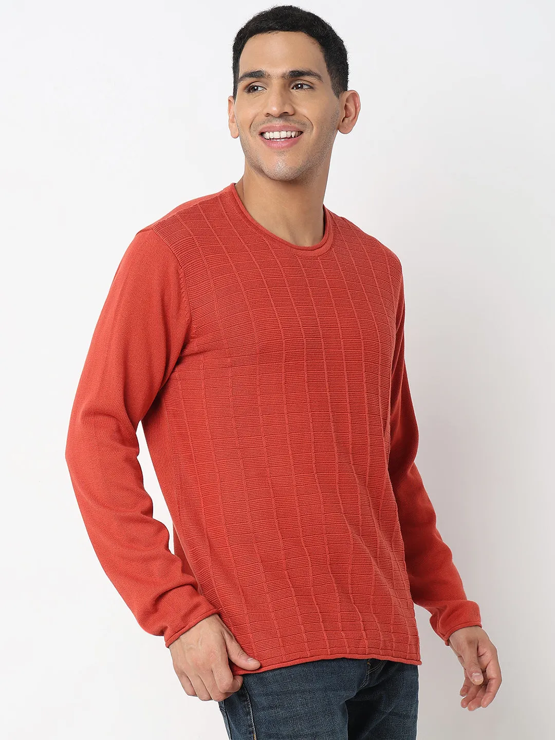 Spykar Striped Self Design Round Neck Cotton Pullover Sweater