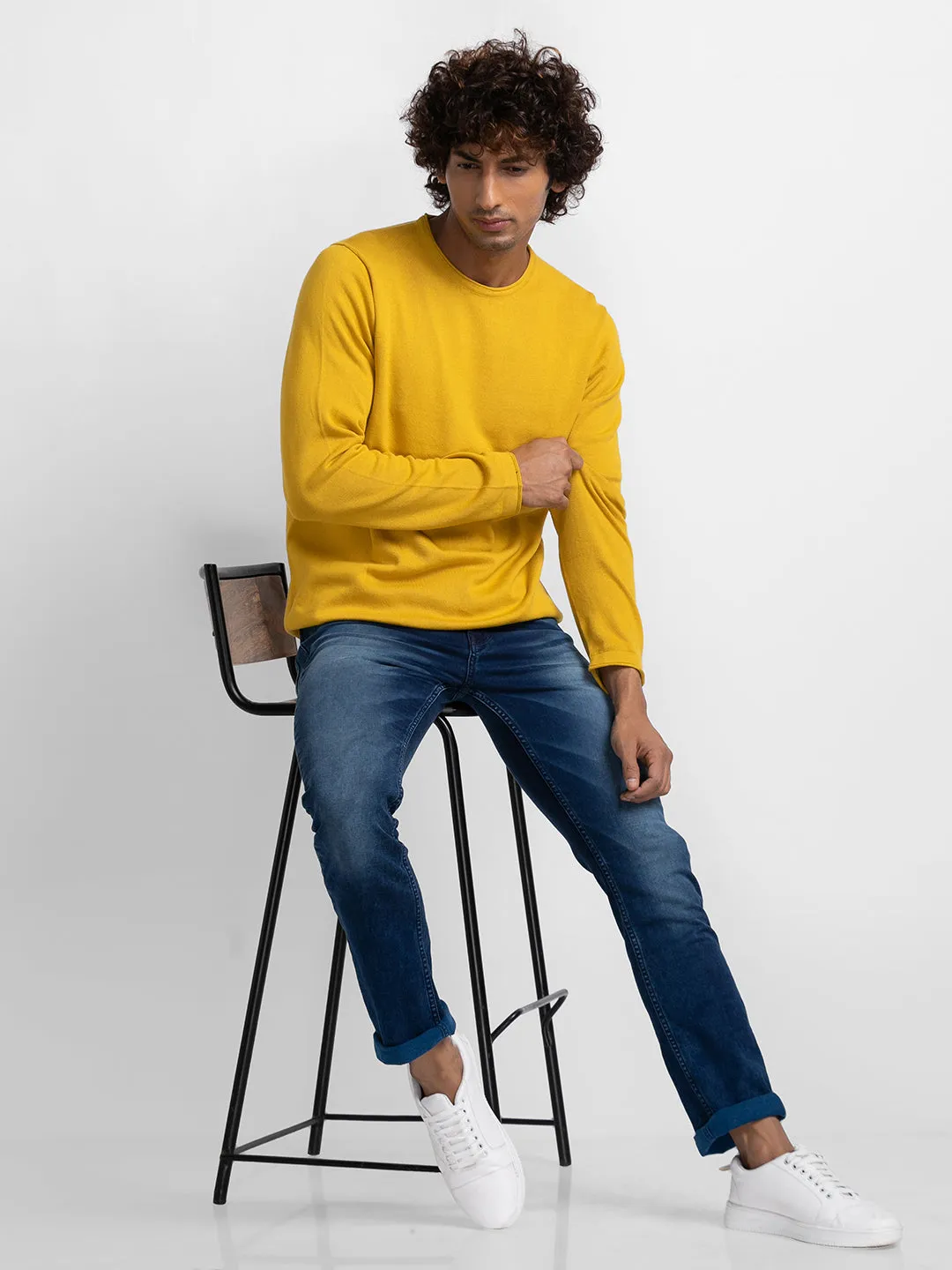 Spykar Sulphur Yellow Cotton Full Sleeve Casual Sweater For Men