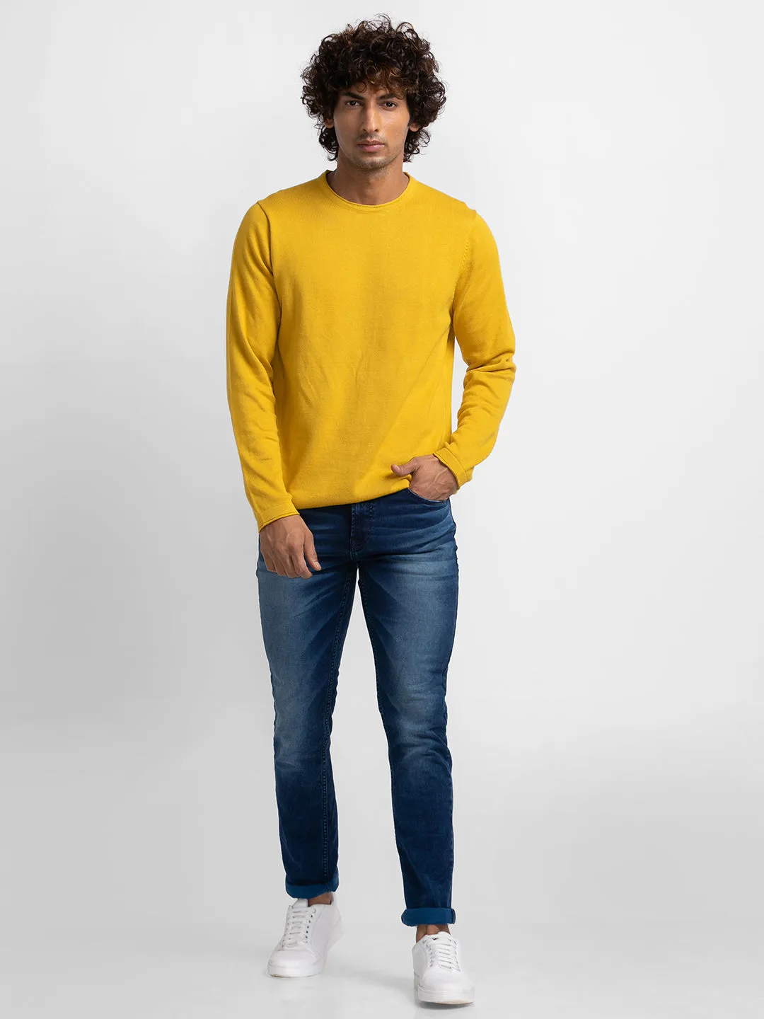 Spykar Sulphur Yellow Cotton Full Sleeve Casual Sweater For Men