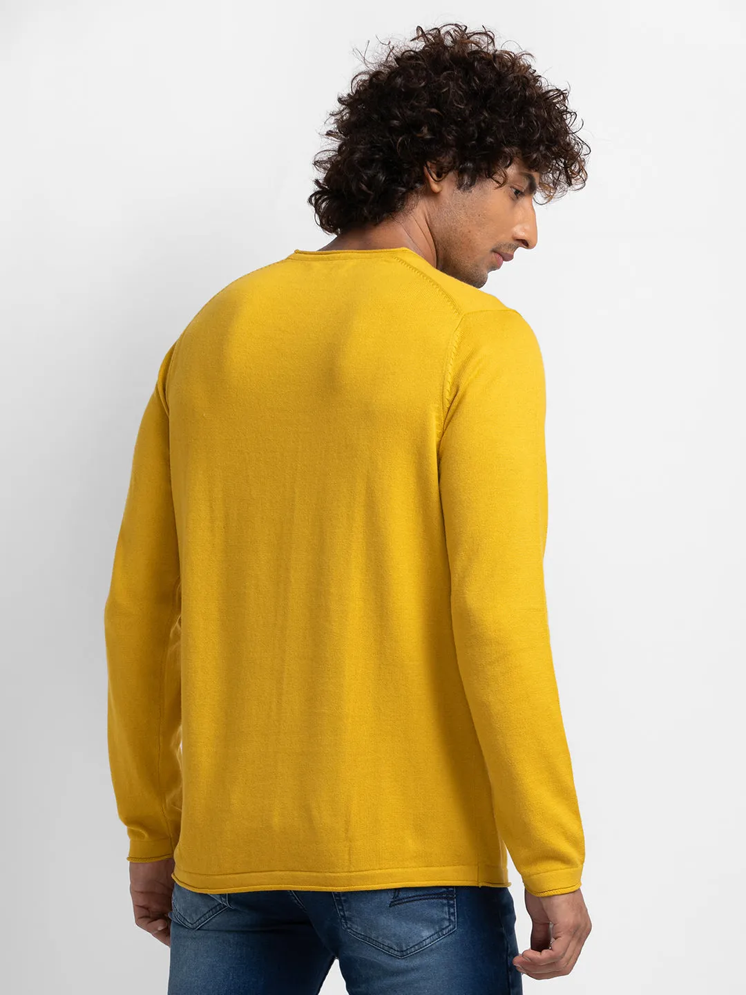 Spykar Sulphur Yellow Cotton Full Sleeve Casual Sweater For Men