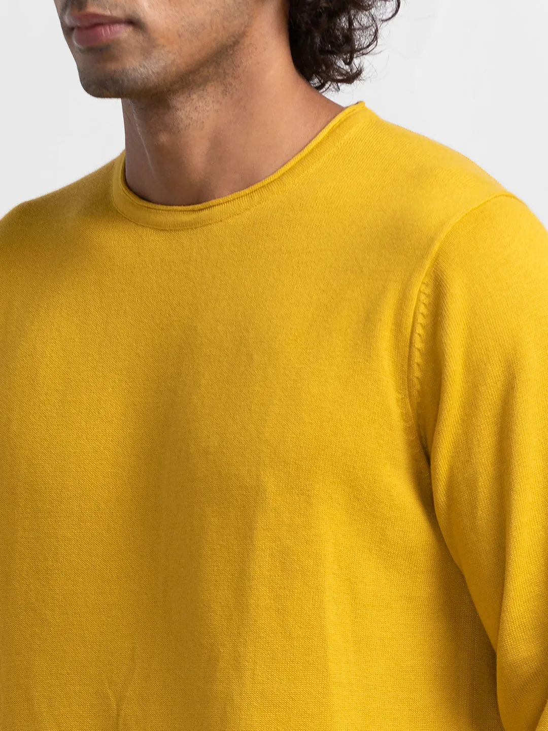 Spykar Sulphur Yellow Cotton Full Sleeve Casual Sweater For Men