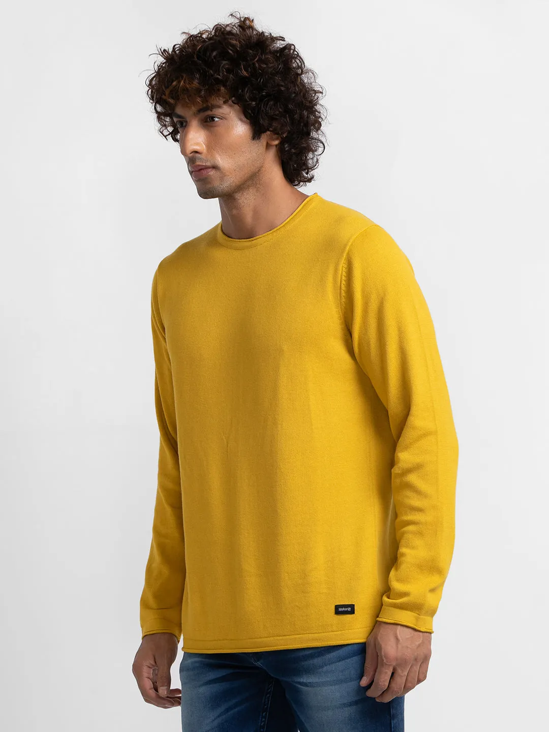 Spykar Sulphur Yellow Cotton Full Sleeve Casual Sweater For Men