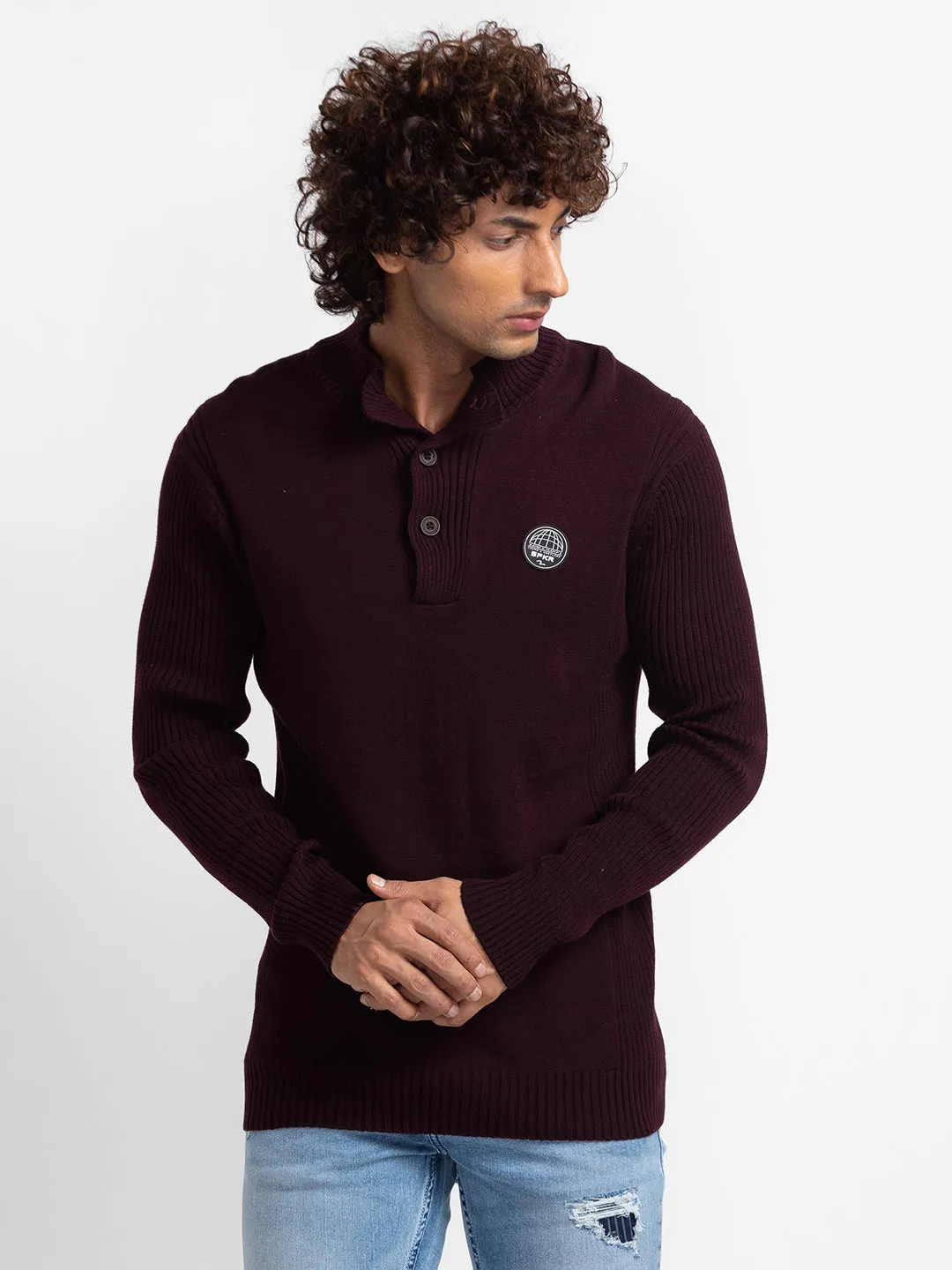 Spykar Wine Cotton Full Sleeve Casual Sweater For Men