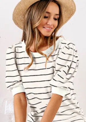 Striped slub terry knit puff sleeve blouse