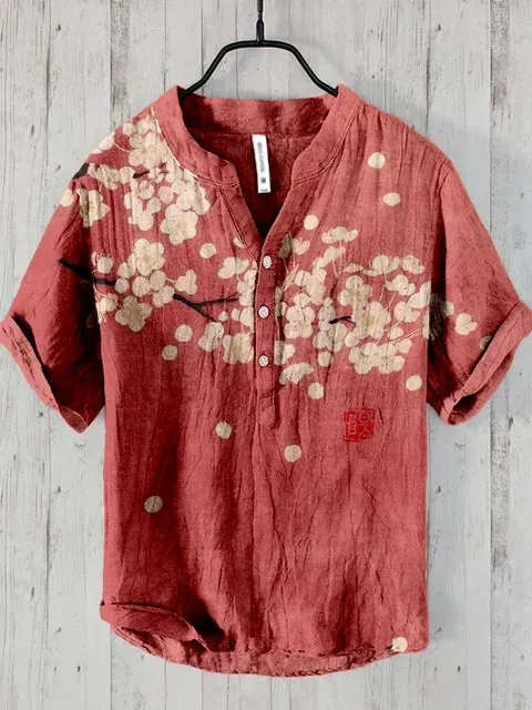 Summer fashion Retro Plum Blossom Sunrise Japanese-style Shirt Mens Casual Shirt short Sleeve Band Collar Henley Shirt Tops