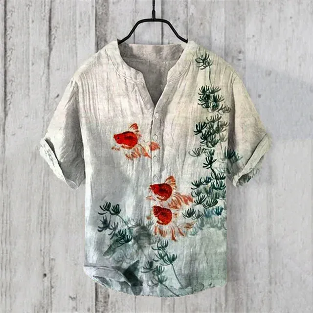 Summer fashion Retro Plum Blossom Sunrise Japanese-style Shirt Mens Casual Shirt short Sleeve Band Collar Henley Shirt Tops