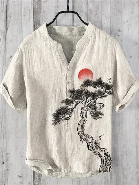 Summer fashion Retro Plum Blossom Sunrise Japanese-style Shirt Mens Casual Shirt short Sleeve Band Collar Henley Shirt Tops