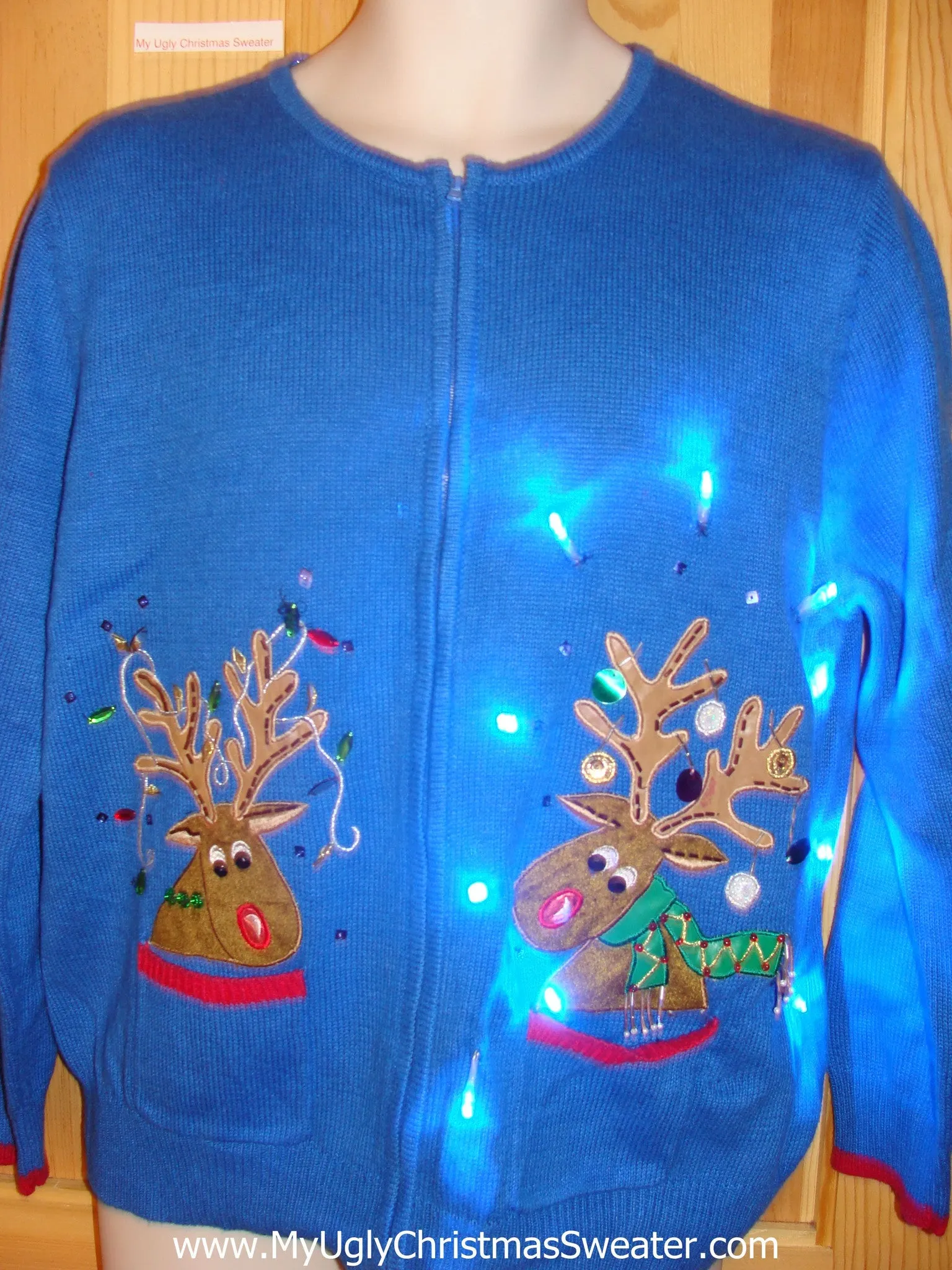 Tacky Blue Light Up Christmas Sweater Two Crazy Reindeer