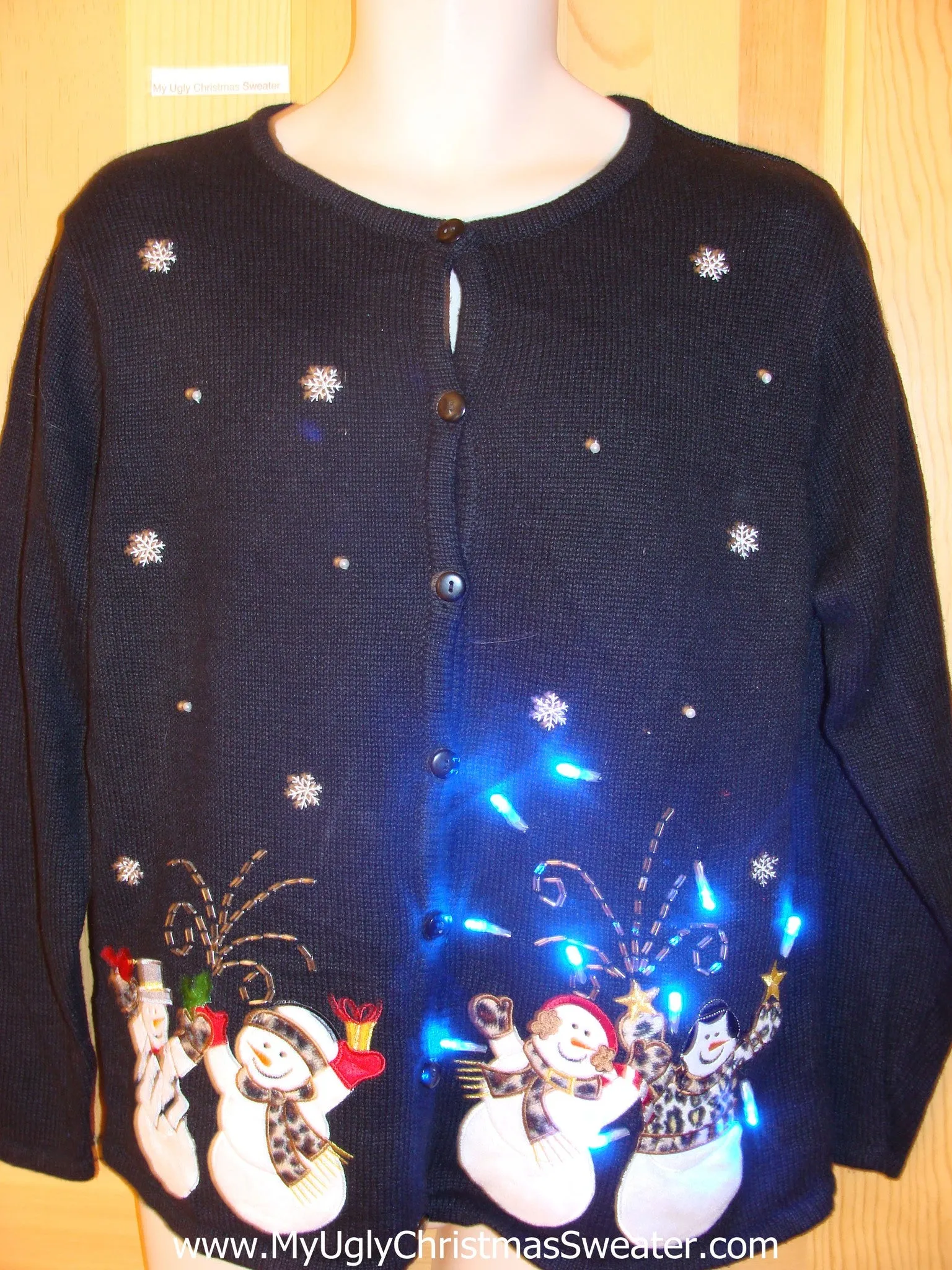 Tacky Light Up Christmas Sweater Cardigan with Snowmen