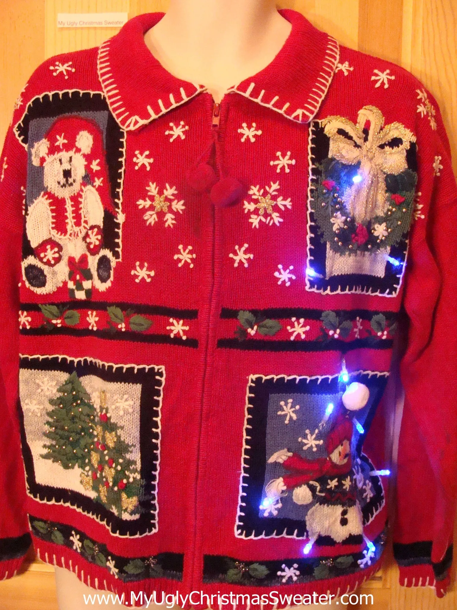 Tacky Light Up Christmas Sweater Patchwork Bear, Tree, Wreath, Snowman