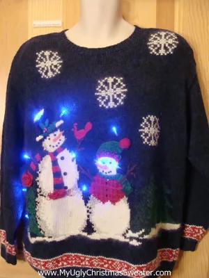 Tacky Light Up Christmas Sweater Snowmen Front and Back Pullover