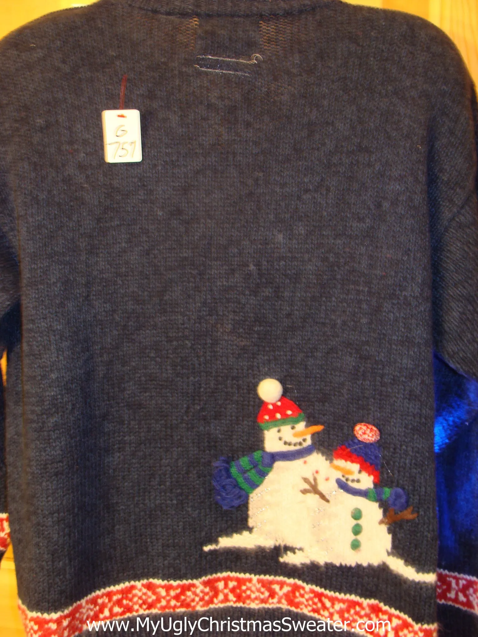 Tacky Light Up Christmas Sweater Snowmen Front and Back Pullover