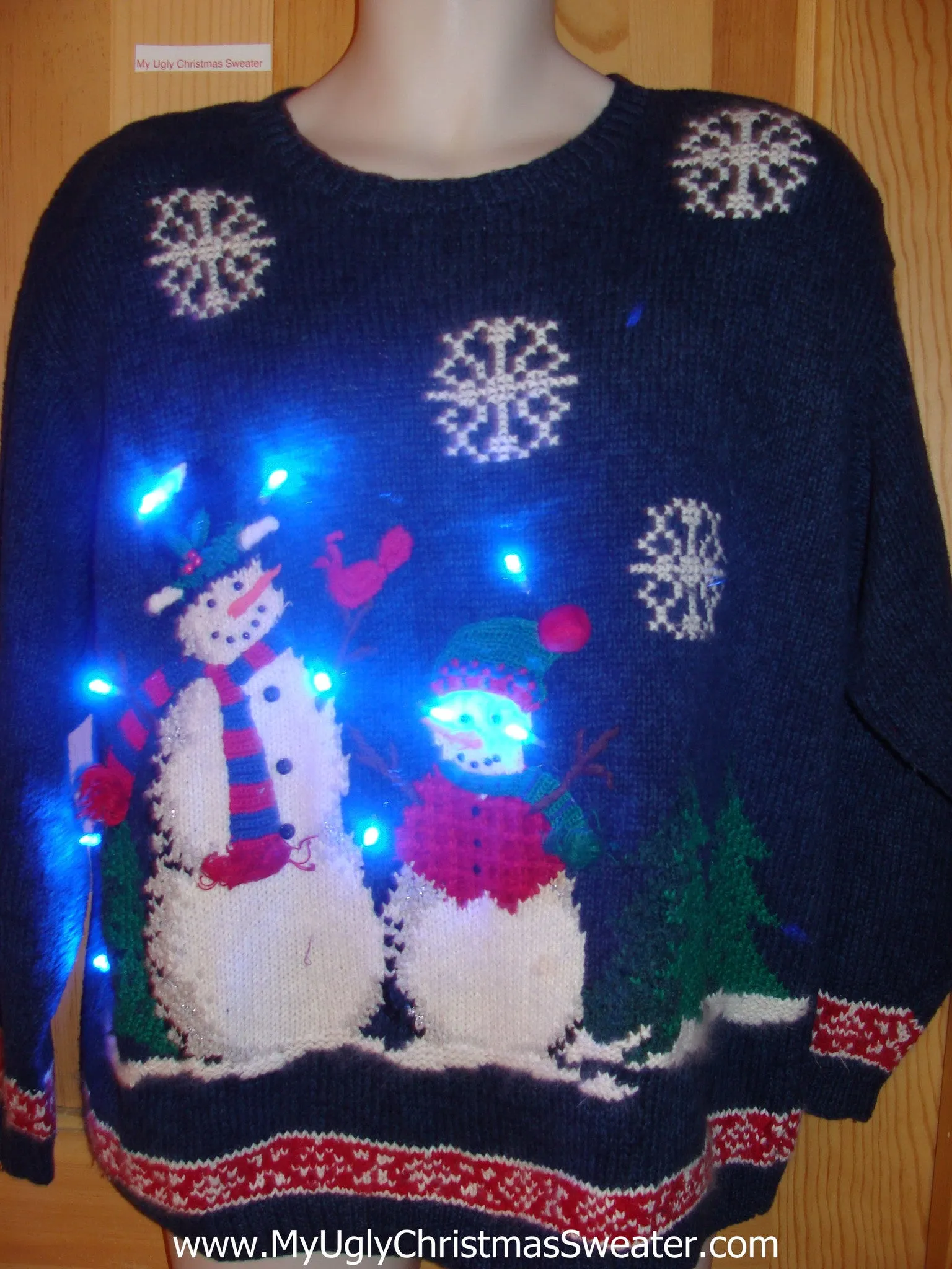 Tacky Light Up Christmas Sweater Snowmen Front and Back Pullover