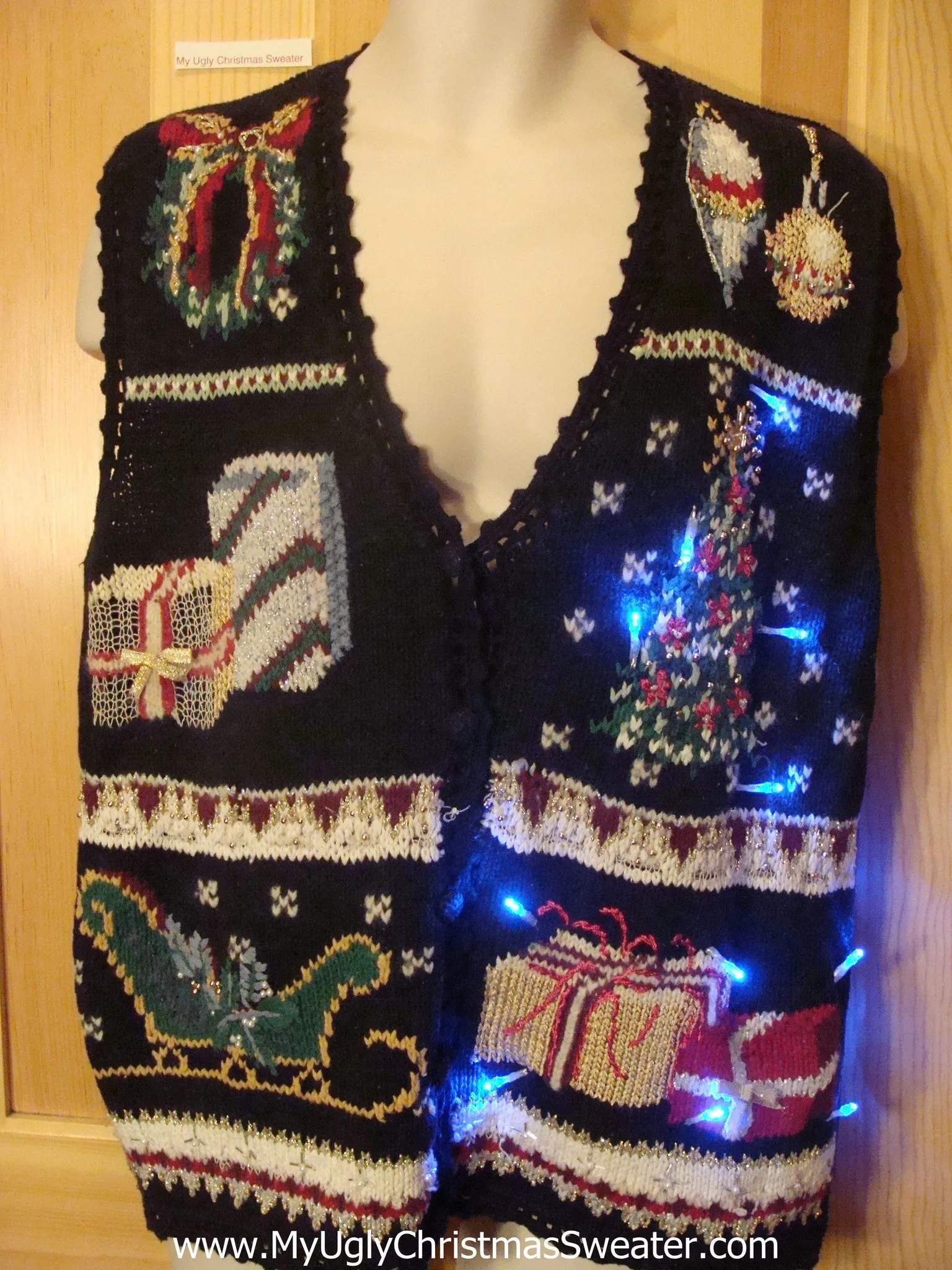 Tacky Light Up Christmas Sweater Vest Sleigh, Tree, Wreath, Gifts