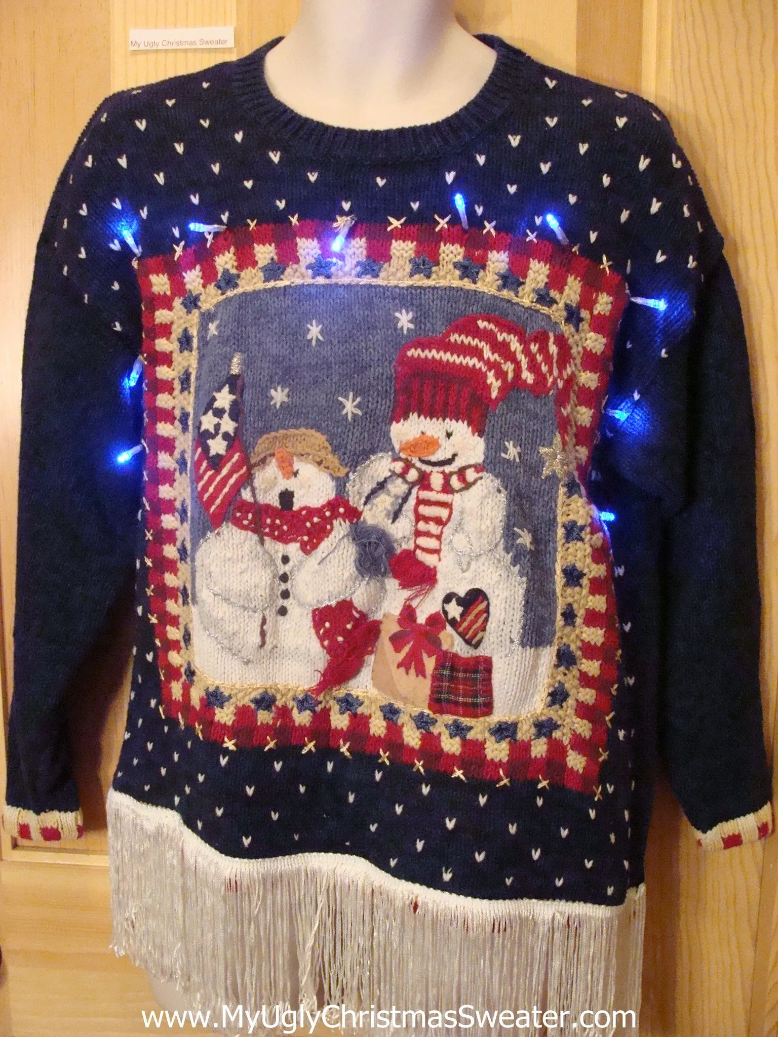 Tacky Patriotic Snowmen Light Up Christmas Sweater Fringe