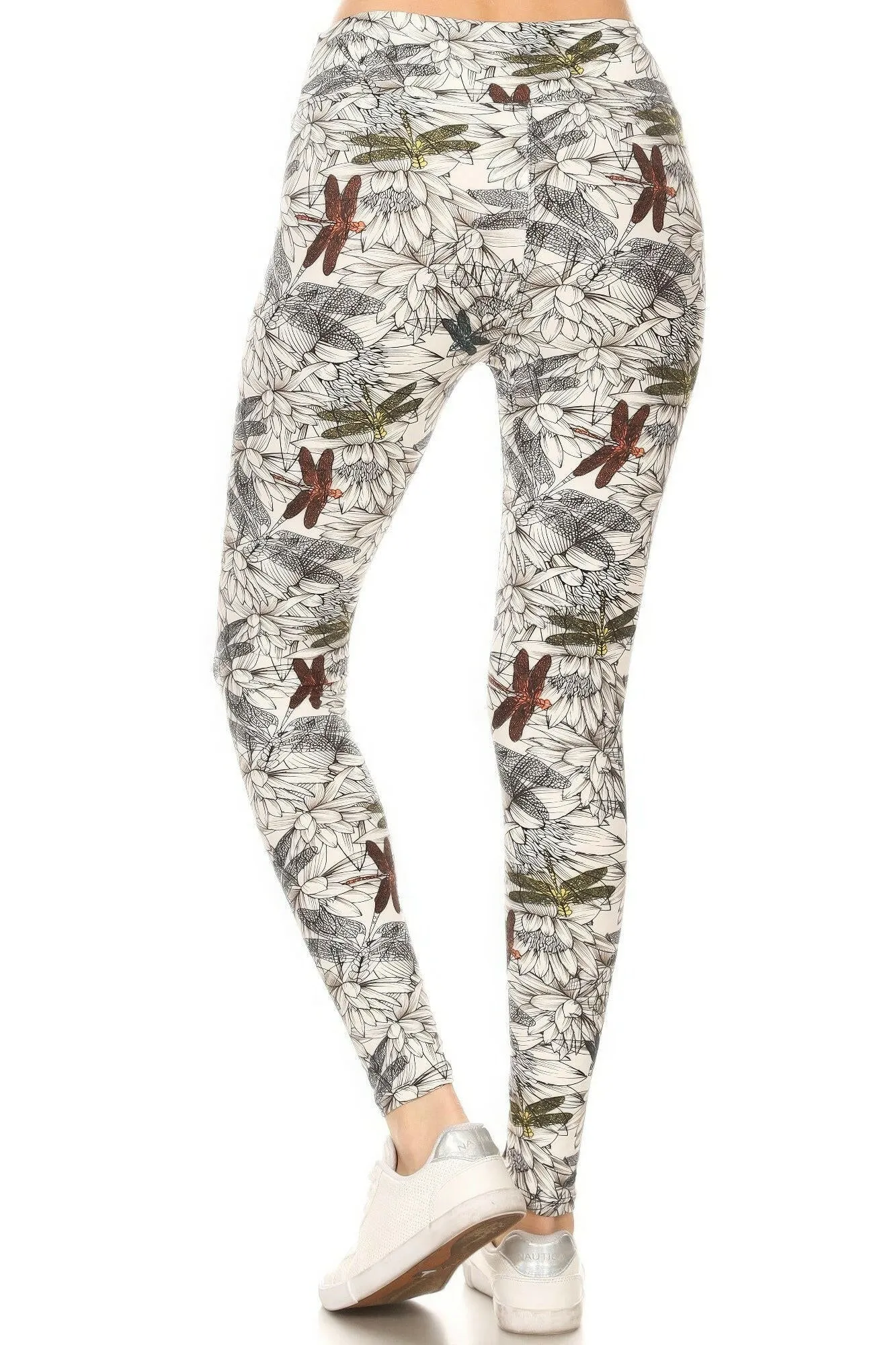 Yoga Style Banded Lined Dragonfly Print, Full Length Leggings In A Slim Fitting